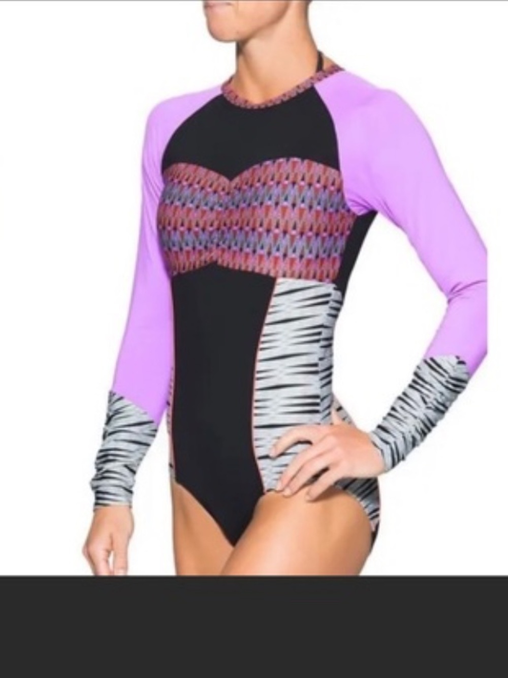 Athleta Ariel Purple Black Long-Sleeve surfing One-Piece swimsuit rashguard M